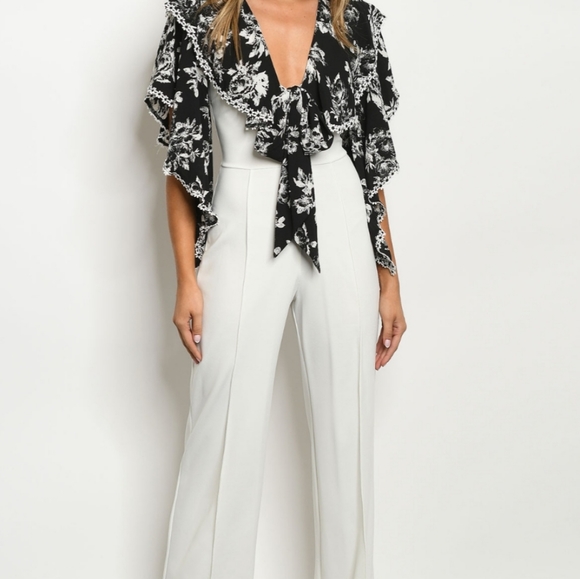 Pants - Jr. Ivory & Black Floral Suit Jumpsuit